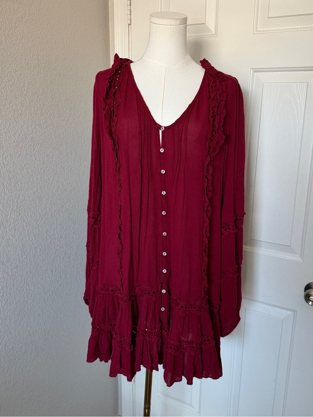 Free People Burgundy Button-Front Ruffle Mini Dress - Picture 2 of 5